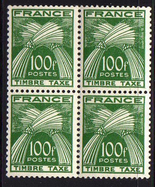 LIQUIDE MOINS DE 29% DE LA COTE: FRANCE TAXE N°89 100F VERT GERBES  NEUF SANS CHARNIERE Xx TTB, NMH, SIN CHARNELA - 1859-1959 Neufs