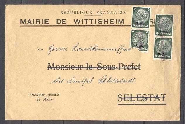 Alsace 40/45   Lettre Ob Provisoire Wittisheim   Pour  Selestat    RARE - Lettres & Documents