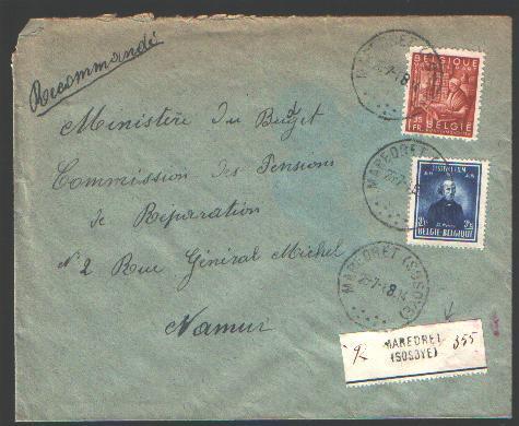 748+762 Op Aangetekende Brief Met Cirkelstempel MAREDRET (SOSOYE) Op 26/7/48, Met Noodaantekenstookje !!!!! (B223) - 1948 Export