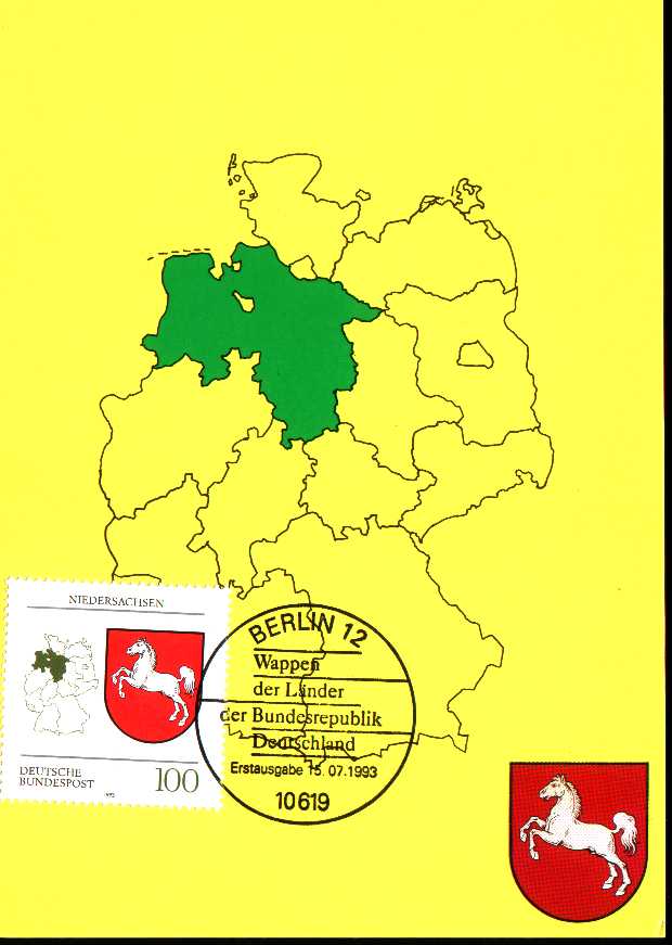 CPJ Allemagne 1993 Armoirie Niedersachsen Cheval Carte Géographie - Timbres