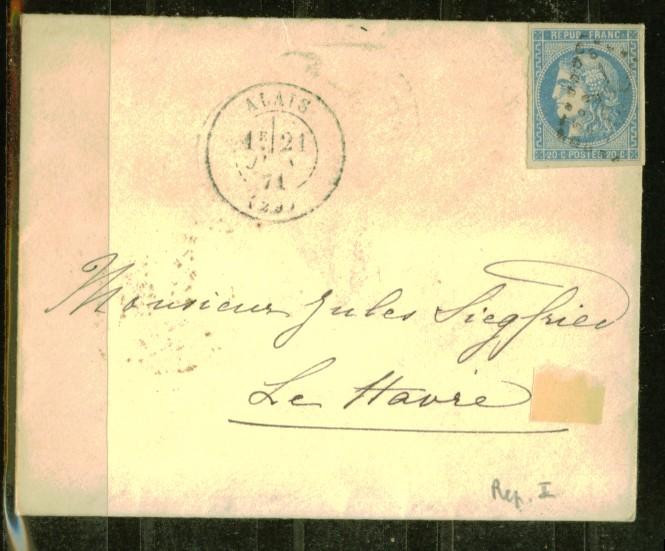 FRANCE Nº 46 B B Obl. S/  Lettre  Entiere Nuance Gris Bleu - 1870 Emisión De Bordeaux