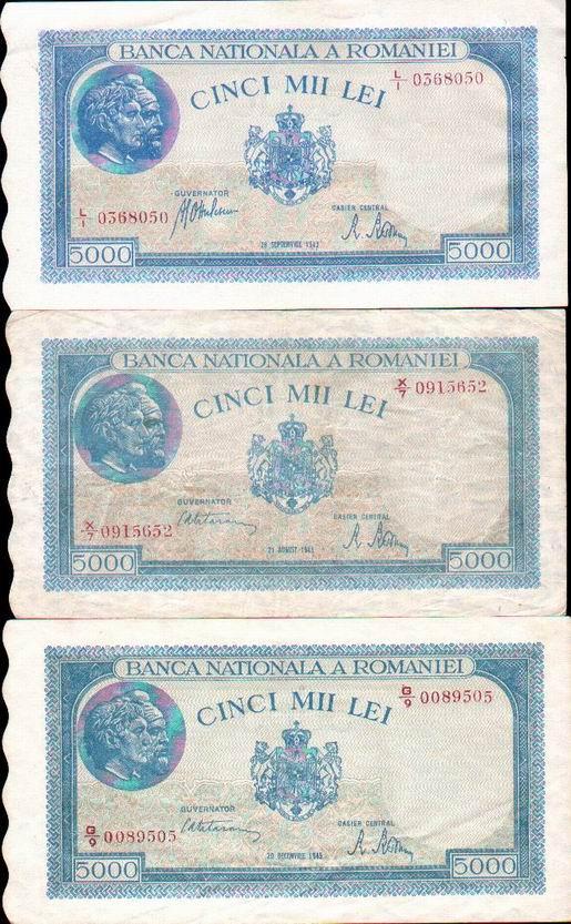 Romania 3 Rare Billete  De 5 000 LEI,issue 20 Dec 1945,21 Aug 1945,20 Sept 1943,VF/UNC - Rumania