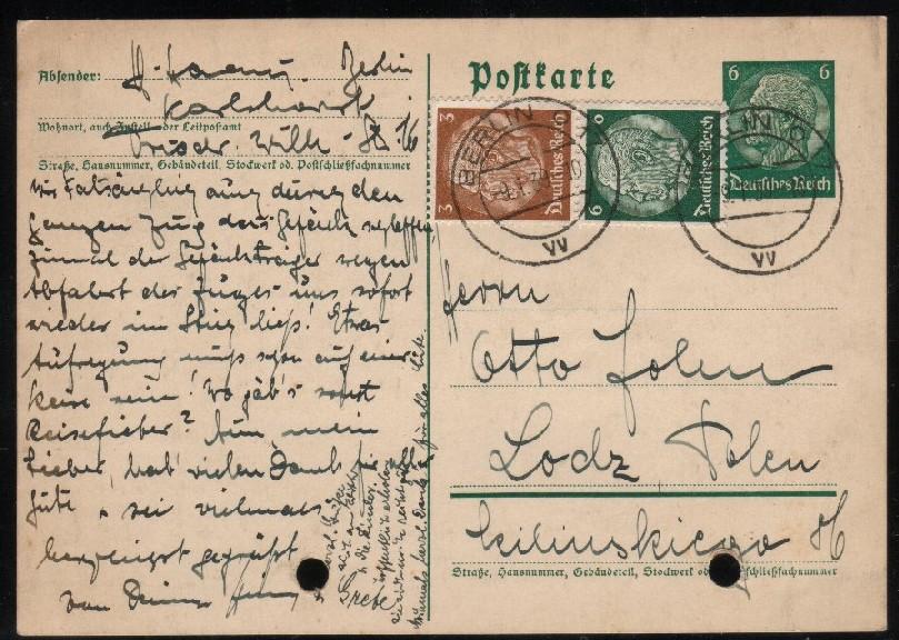 GERMANY 3RD REICH POSTCARD 6PF HINDENBURG USED WITH 2 STAMPS BERLIN CDS (TR096C) - Oblitérés