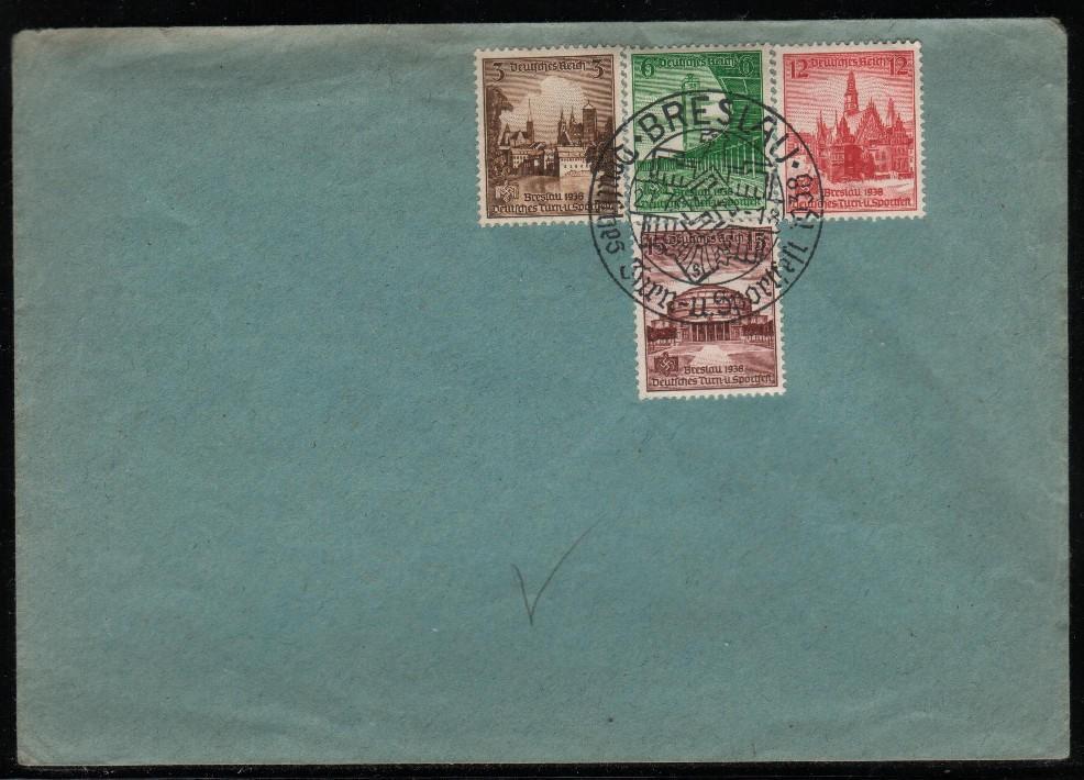 GERMANY 3RD REICH 1938 COVER BRESLAU DEUTSCHES TURN U SPORTEN SET OF 4 TIED COMMEMORATIVE CANCEL (TR140) WROCLAW POLAND - Brieven En Documenten