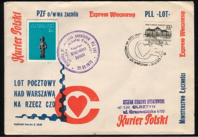 POLAND 1973 FLIGHT COVER  POSTAL FLIGHT ON LOT´S COPERNICUS PLANE Astronomy Astronomer - Airplanes