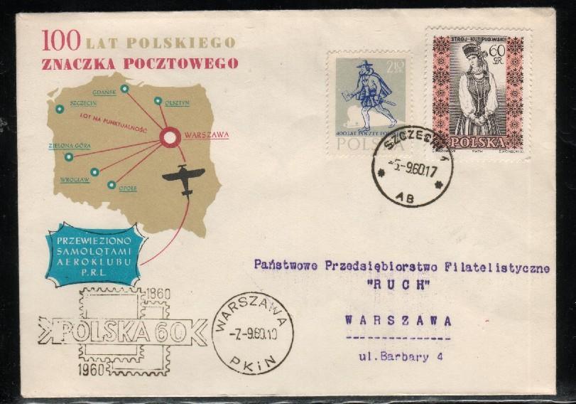 POLAND 1960 FLIGHT COVER FOR 100TH ANNIV OF POLISH STAMPS - Planes Maps - Posta Aerea