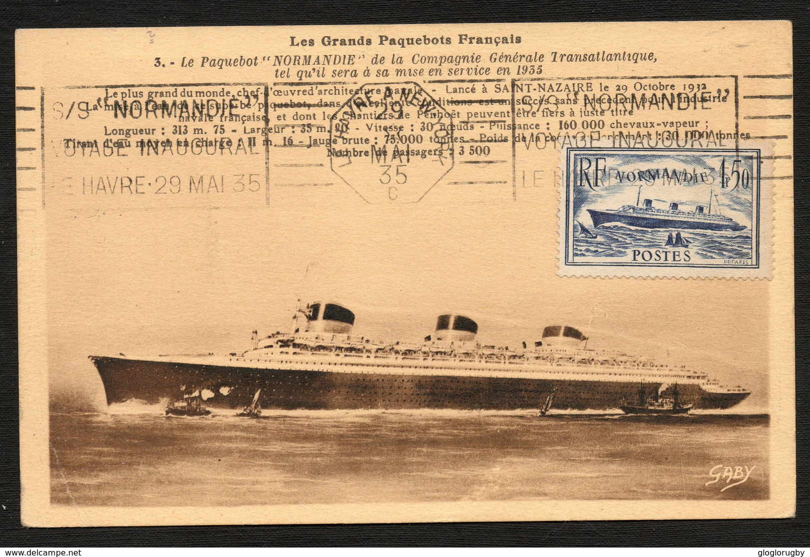 CARTE MAXIMUM PAQUEBOT NORMANDIE VOYAGE INAUGURAL + VIGNETTE N.D - 1930-1939