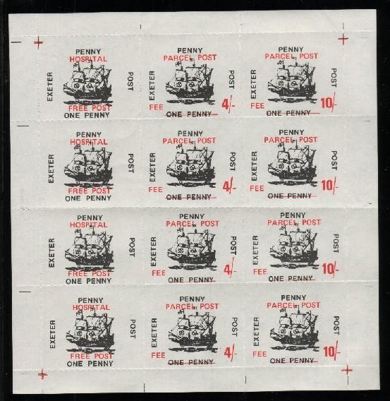 EXETER EMERGENCY DELIVERY SERVICE SHIPS SHEET OF 12 WITH OVERPRINTS - Cinderelas