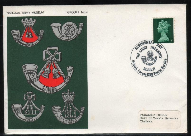 GB ARMY COVER BRITISH FIELD POST OFFICE CANCEL 1238 THE LIGHT INFANTRY REGIMENTAL DAY 10 JULY 1971  (NATIONAL ARMY MUSEU - Covers