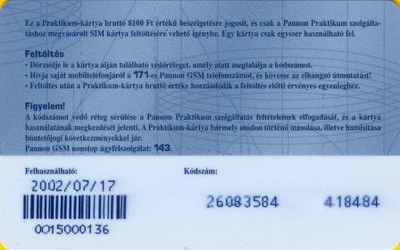 Hungary - GSM Recharge Card - Pannon Praktikum 7200 Ft - Ungheria