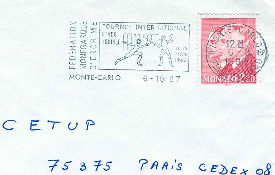 ESCRIME OBLITERATION TEMPORAIRE MONACO TOURNOI INTERNATIONAL D'ESCRIME 1987 - Fencing