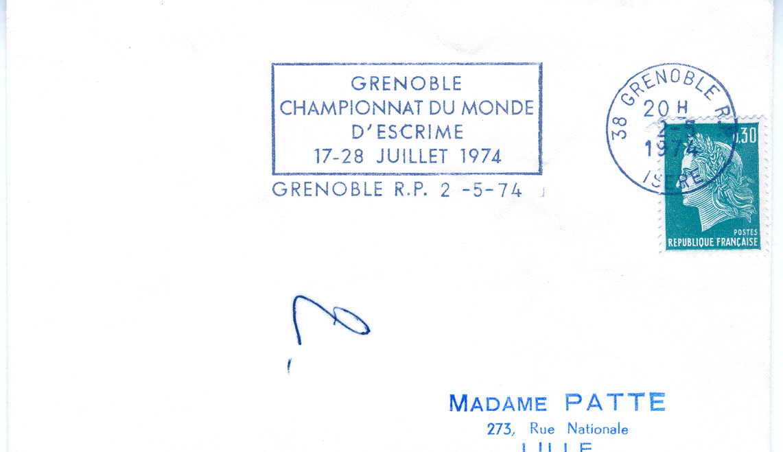 ESCRIME OBLITERATION TEMPORAIRE FRANCE 1974 GRENOBLE CHAMPIONNATS DU MONDE D'ESCRIME - Fencing