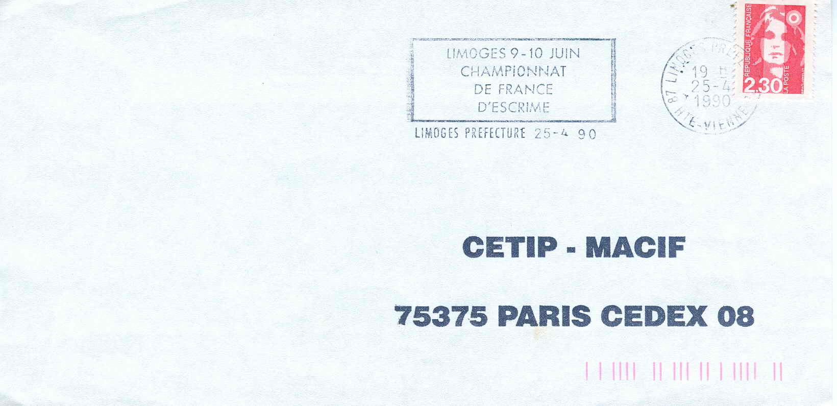 ESCRIME OBLITERATION TEMPORAIRE FRANCE 1990 LIMOGES CHAMPIONNATS DE FRANCE - Fencing