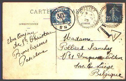 Postkaart Verzonden Vanuit Frankrijk Met Tx30 Met Cirkelstempel ANS 1 Op 6/10/1923 - Storia Postale