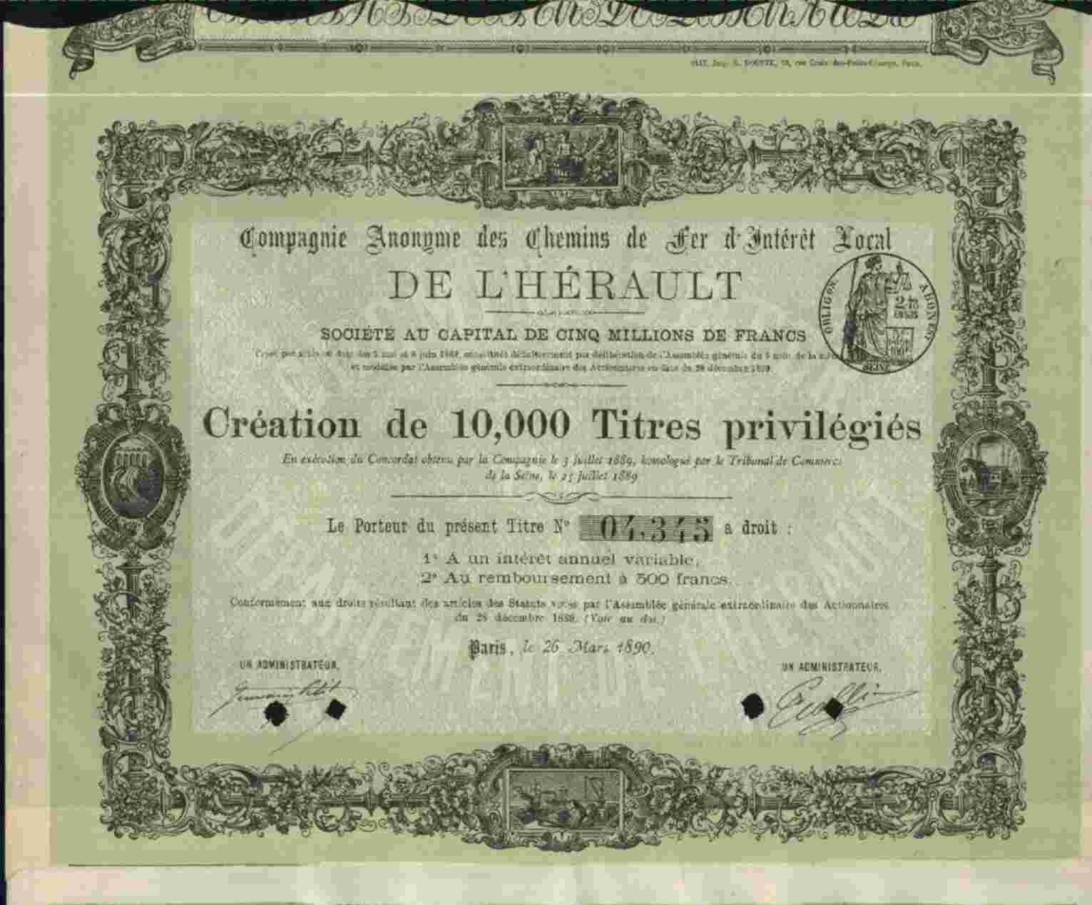 DECO : CIE DES CHEMINS DE FER D'INTERET LOCAL DE L'HERAULT (1890) - Bahnwesen & Tramways