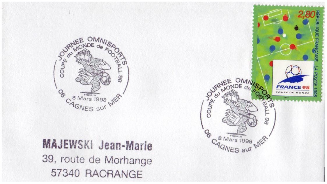 FRANCE Env.cachet De Cagnes Sur Mer  Le  8-3-1998 Journee Omnisports  France 1998 Football - 1998 – France