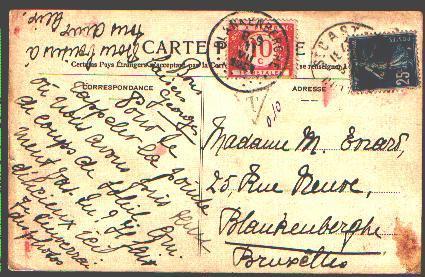 Postkaart Verzonden Vanuit "Frankrijk" , Met TX 27 Met Cirkelstempel BLANKENBERGHE Op 11/8/1921 - Storia Postale