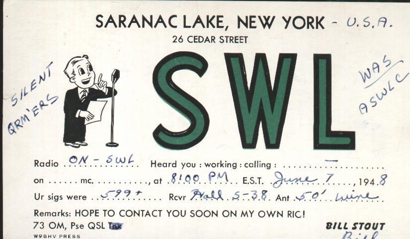 QSL From Bill Stout, Saranac Lake, New York - Was Sent To Belgium On 7/6/1948 - Stamp "These Immortal Chaplains" - Radio Amateur