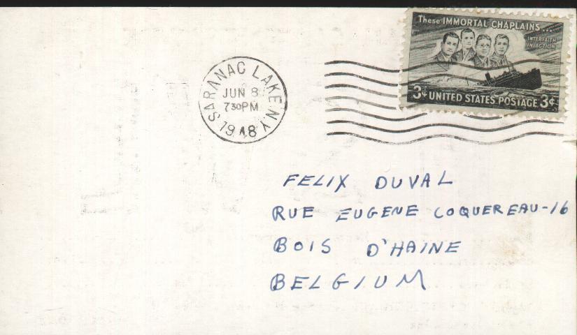 QSL From Bill Stout, Saranac Lake, New York - Was Sent To Belgium On 7/6/1948 - Stamp "These Immortal Chaplains" - Radio Amateur