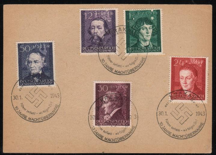 POLAND GEN GOVT FAMOUS POLES SET OF 5 CANCELLED WITH 10 JAHRE MACHTUBERNAHME CANCELS (FISCHER CANCEL 25) - General Government