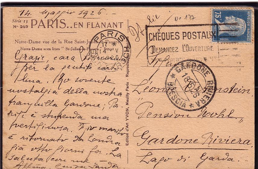 Pasteur 75c Sur Carte Postale Pour L´Italie, 14-5-1926, OMEC Chèques Postaux - 1922-26 Pasteur