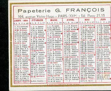 Mini Calendrier 1954 Papeteries François Paris A 23 - Andere & Zonder Classificatie