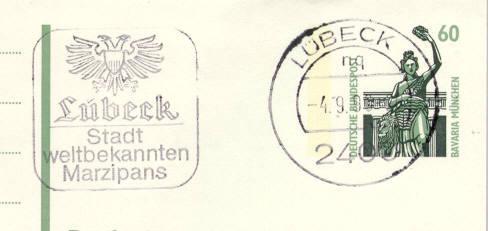 BRD Post Stationary With Day Postmark "Lubeck, Stadt Weltbekannten Marzipans" - Levensmiddelen