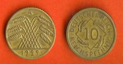 DEUTCHES REICH 1929-A Coin 10 Reichspf  Alu-bronze C126 - 10 Rentenpfennig & 10 Reichspfennig