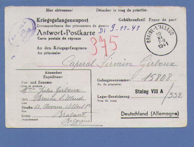 Kriegsgefangenenpost Met Cirkelstempel BRAINE-L´ALLEUD Op 10/11/1941 + Stempel "Stalag VIII A 25 Gepruft" - Guerre 40-45 (Lettres & Documents)