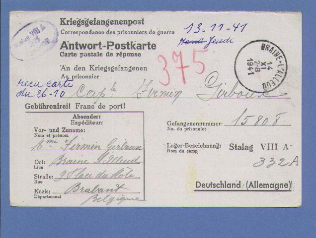 Kriegsgefangenenpost Met Cirkelstempel BRAINE-L´ALLEUD Op 14/11/1941 + Stempel "Stalag VIII A 25 Gepruft" - WW II (Covers & Documents)