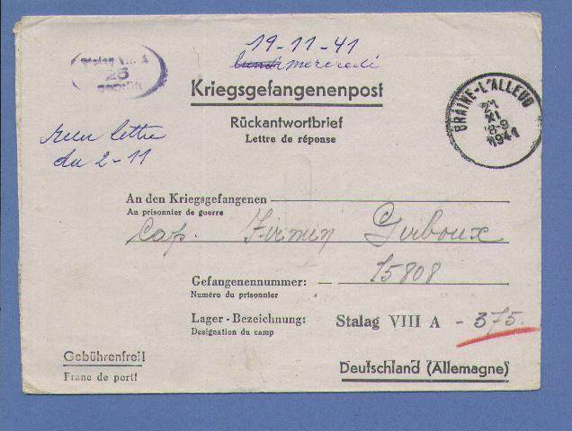 Kriegsgefangenenpost Met Cirkelstempel BRAINE-L´ALLEUD Op 21/11/1941 + Stempel "Stalag VIII A 25 Gepruft" - Weltkrieg 1939-45 (Briefe U. Dokumente)