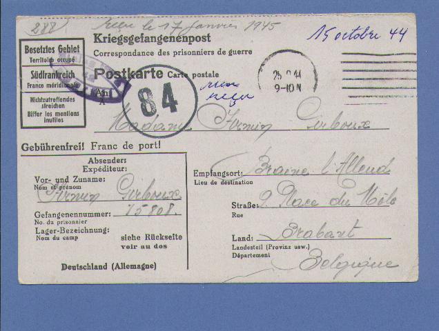 Kriegsgefangenenpost Met Naar/vers BRAINE-L´ALLEUD Met Censuurstempel " 84 " - Guerre 40-45 (Lettres & Documents)