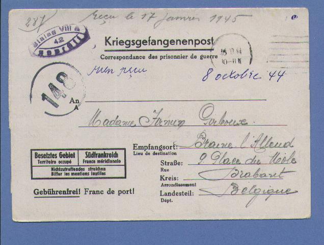 Kriegsgefangenenpost Met Naar/vers BRAINE-L´ALLEUD Met Censuurstempel " 148 " - Guerre 40-45 (Lettres & Documents)