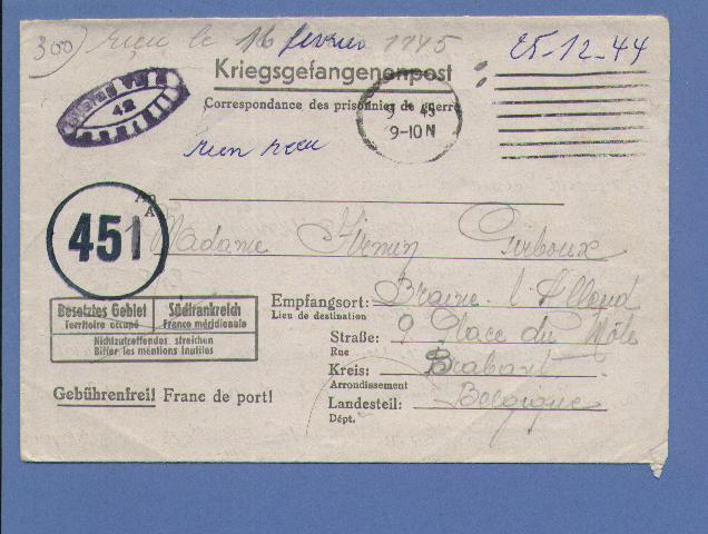 Kriegsgefangenenpost Met Naar/vers BRAINE-L´ALLEUD Met Censuurstempel " 451 " - Guerra '40-'45 (Storia Postale)