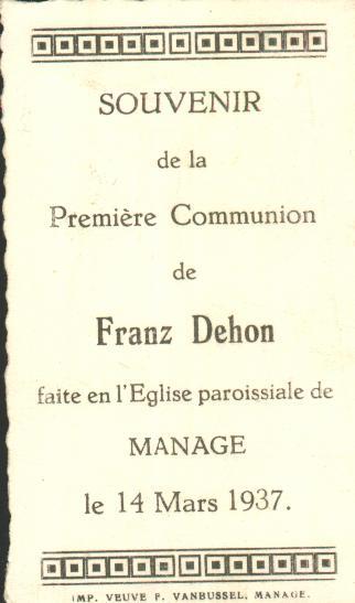 Souvenir De Communion De 1937 (Franz Dehon, Fayt-lez-Manage, 14/3/1937) - Andachtsbilder