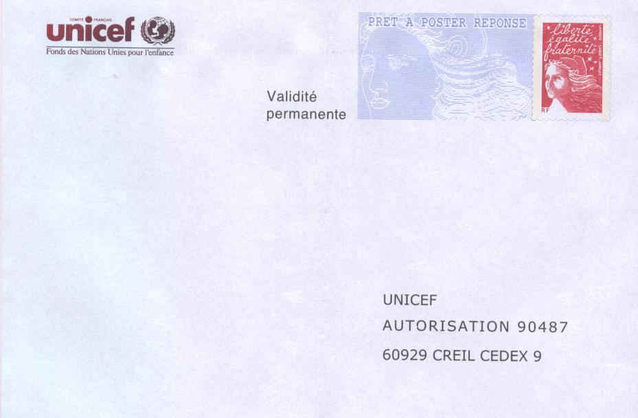 France, Entier-postal PAP Réponse, UNICEF, Autorisation 90487, Agrément 0309991 - PAP: Antwort/Luquet