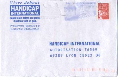 PAP Réponse Handicap International - Oblitéré - Sans Numéro - Validité 01/02/02 - Listos Para Enviar: Respuesta /Luquet