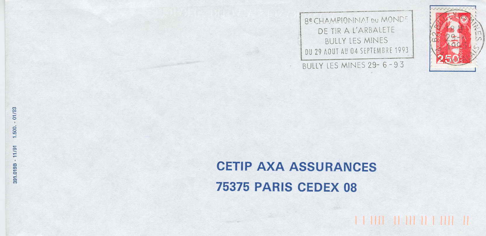 TIR A ARBALETE  1993 OBLITERATION TEMPORAIRE BULLY LES MINES CHAMPIONNATS DE FRANCE - Archery