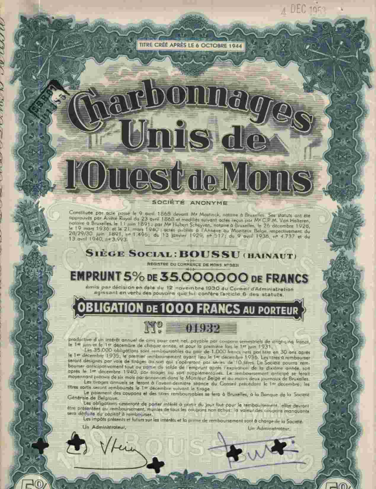 DECO :CHARBONNAGES UNIS DE L'OUEST DE MONS (VERTE) - Mines