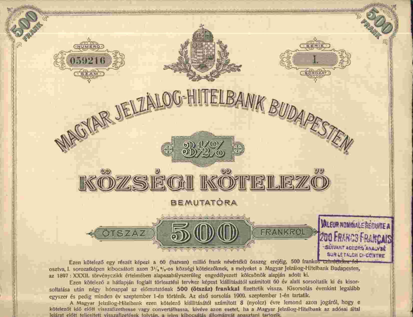 MAGYAR JELZALOG HITELBANK BUDAPESTEN 3,50 %  500 OTSZAV(1899) - Bank & Insurance