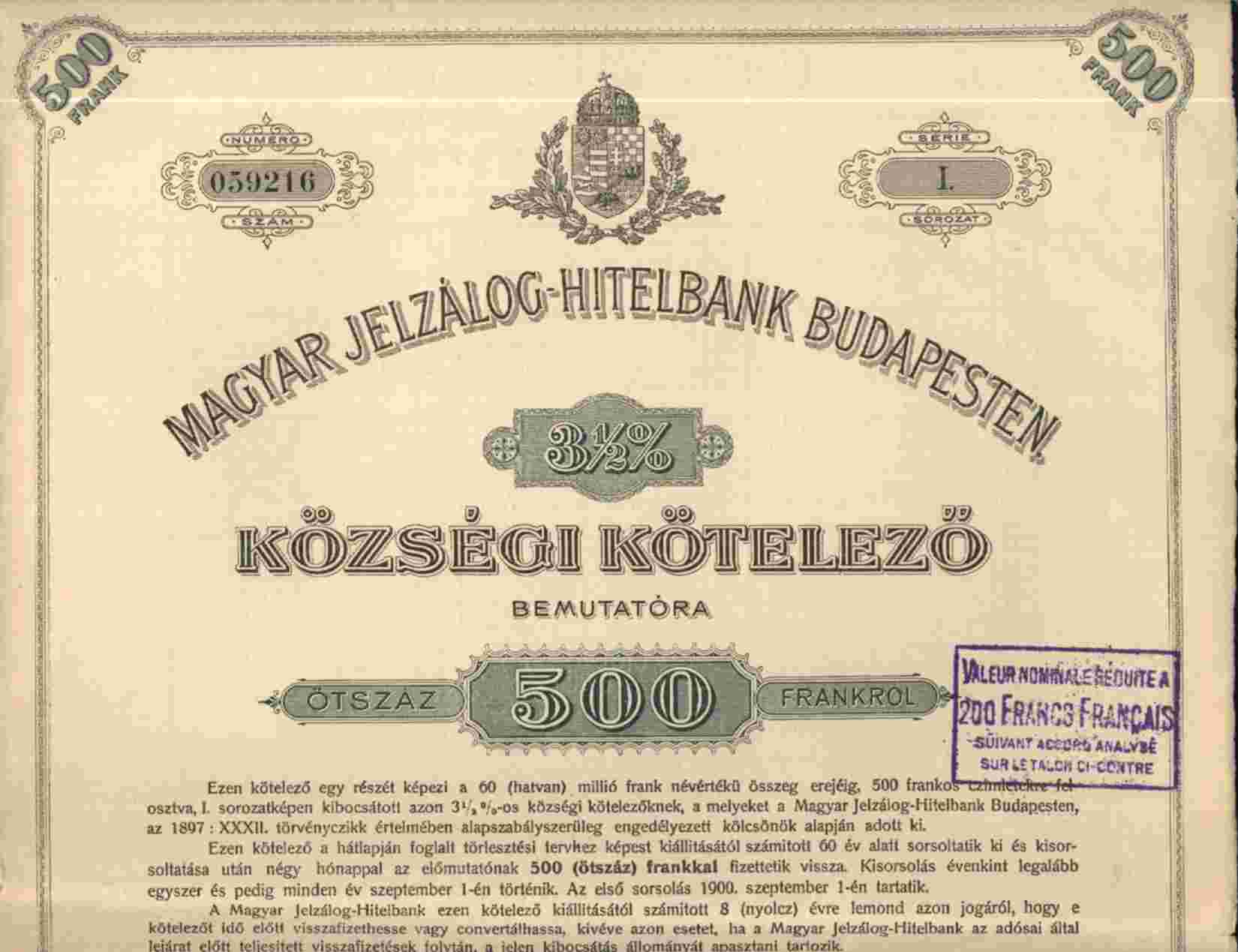 MAGYAR JELZALOG HITELBANK BUDAPESTEN 3,50 % 500 OTSZAV (1899) - Banque & Assurance