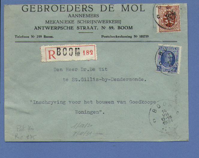 257+287 Op Aangetekende Brief Met Cirkelstempel BOOM  Op 14/7/1931 - 1922-1927 Houyoux