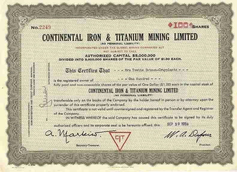 Titre   Continental Iron & Titanium Mining Limited - Mines