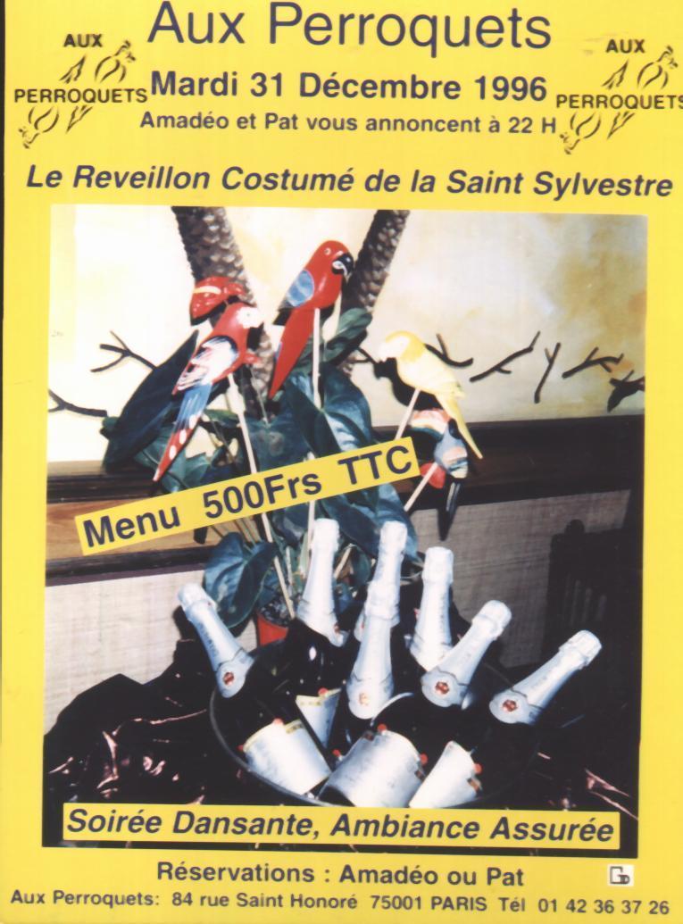 Invitation Au Réveillon De 1996 (Bar Aux Perroquets, Rue St Honoré, Paris) - Publicités