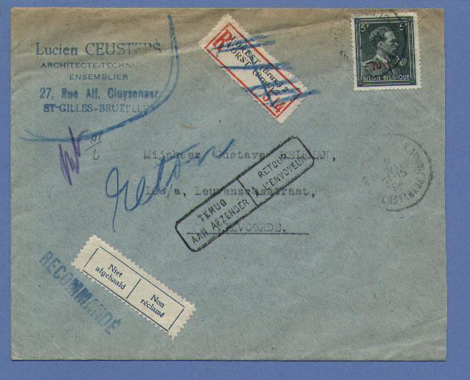 724T (-10%) Op Aangetekende Brief Met Cirkelstempel Forest Naar VILVOORDE, + Terug Aan Afzender / Afwezig / ...... - 1946 -10%
