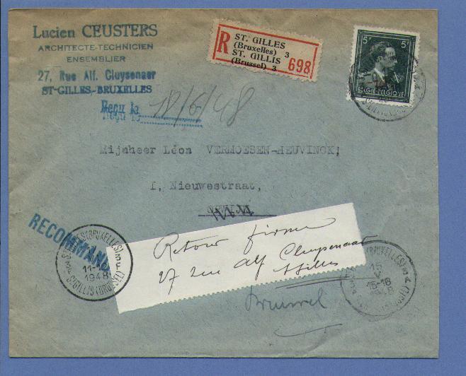 724T Op Aangetekende Brief Van St-GILLIS Op 15/5/1948 Naar OPWIJK , Niet Afgehaald / Retour.... - 1946 -10 %