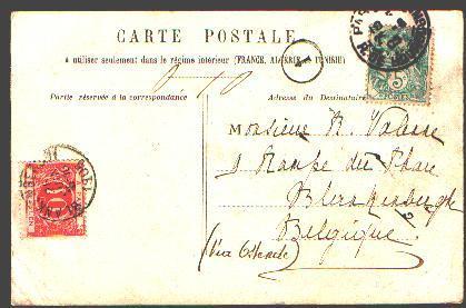Postkaart Van Frankrijk Verzonden Naar BLANKENBERGHE, Met Strafportzegel TX5, Met Cirkelstempel BLANKENBERGHE Op 26/6/05 - Lettres & Documents