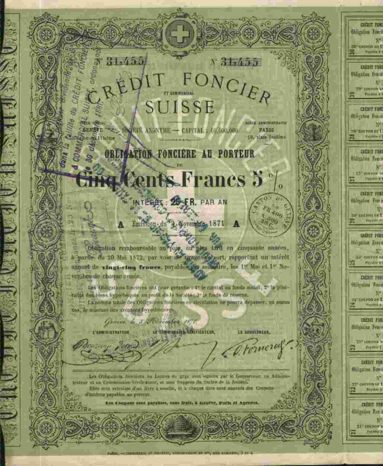 RARE : CREDIT FONCIER & COMMERCIAL SUISSE 5%    (1871) - Bank En Verzekering