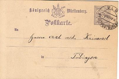 2373. Entero Postal ULM  Wurttemberg 1889 A Tubingen - Ganzsachen