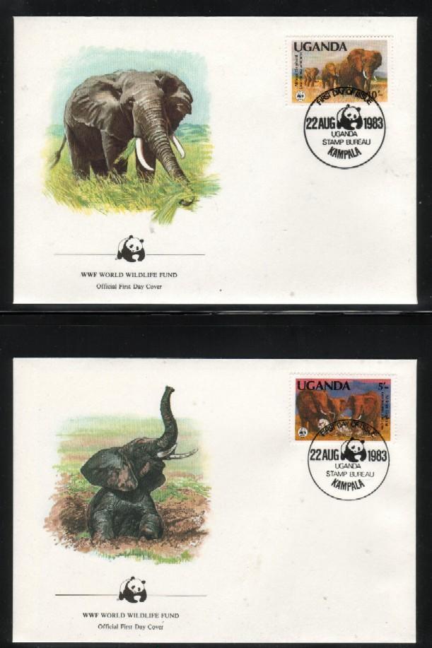 WWF 0004 1983 UGANDA AFRICAN ELEPHANTS LOXODONTA AFRICANA SET OF 4 FDCS KAMPALA PANDA BEAR CANCEL 22 AUG 1983 - Elephants